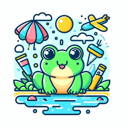 Cute cartoon frog sitting on the beach. Vector illustration for your designのイラスト素材