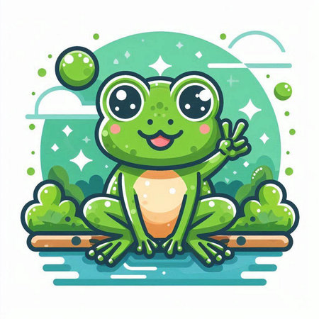 Cute cartoon frog sitting on a log in the park. Vector illustration.のイラスト素材