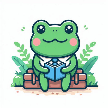 Cute frog reading a book in the park. Vector illustration.のイラスト素材