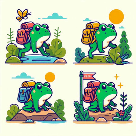 Set of vector illustrations of travel and camping. Cute cartoon frog.のイラスト素材