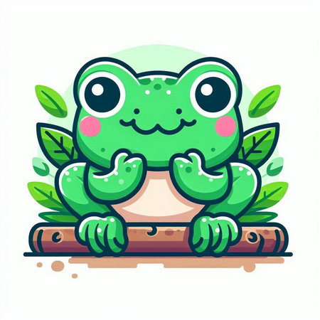 Cute frog sitting on a log with green leaves. Vector illustrationのイラスト素材