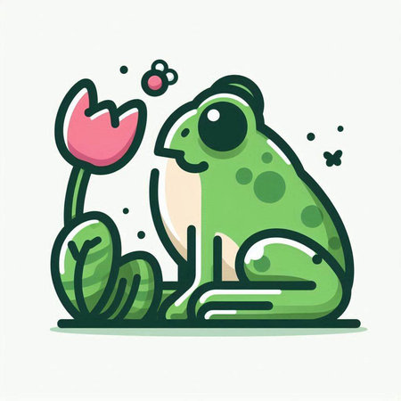 Cute frog and tulip. Vector illustration in cartoon style.のイラスト素材
