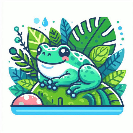Cute cartoon frog with green leaves and water drops. Vector illustration.のイラスト素材