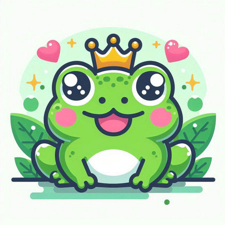 Cute cartoon frog with a crown and hearts. Vector illustration.のイラスト素材