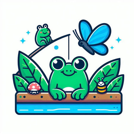 Frog and frog in the garden. Vector illustration of a cute cartoon frog.のイラスト素材
