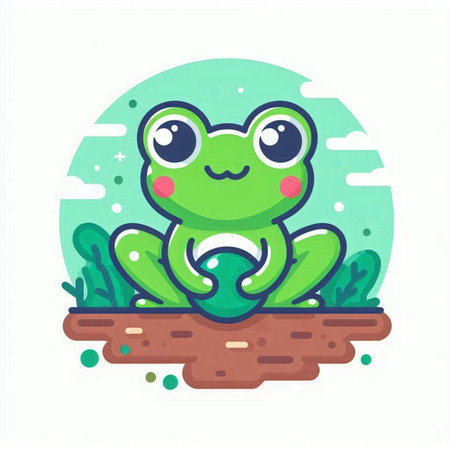 Cute frog sitting on the ground. Vector illustration in cartoon style.のイラスト素材