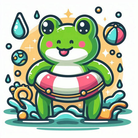 Cute frog with lifebuoy. Vector illustration in cartoon style.のイラスト素材