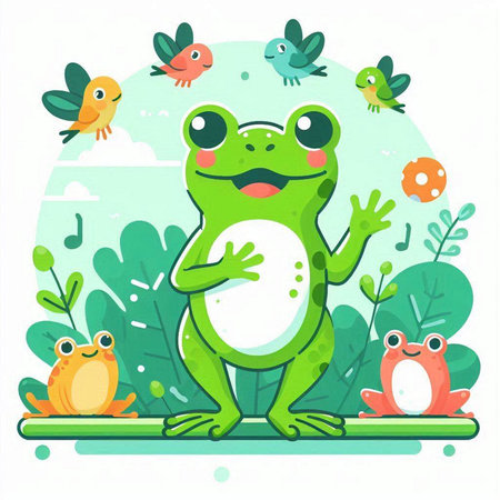 Funny frog in the garden. Vector illustration. Cartoon character.のイラスト素材