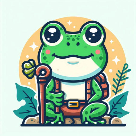 Cute frog sitting on a rock with a cane. Vector illustration.のイラスト素材