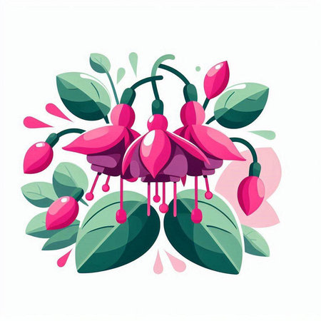 Fuchsia flower with green leaves and water drops. Vector illustration.のイラスト素材