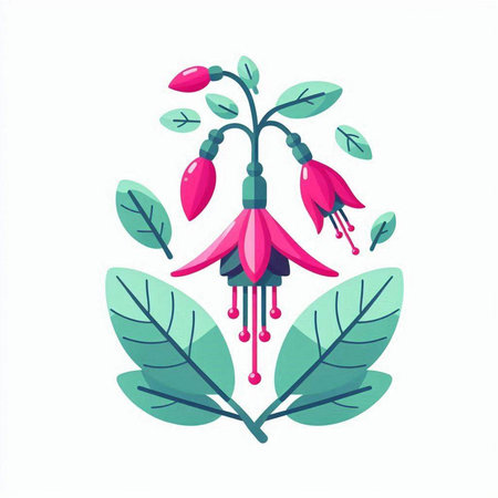 Fuchsia flowers with leaves. Vector illustration in cartoon style.のイラスト素材