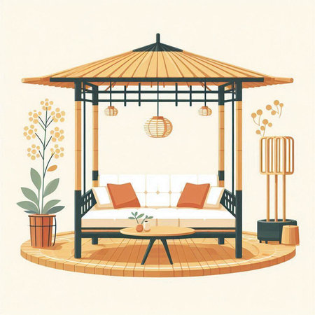 Gazebo and sofa in the garden. Vector illustration.のイラスト素材