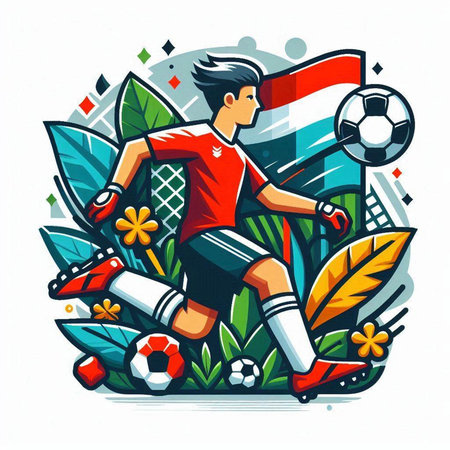 Soccer player with ball and flag of Indonesia. Vector illustration.のイラスト素材