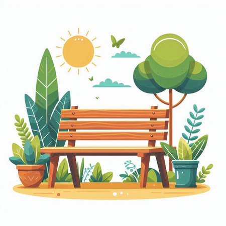 Wooden bench in the garden. Vector illustration in flat style.のイラスト素材