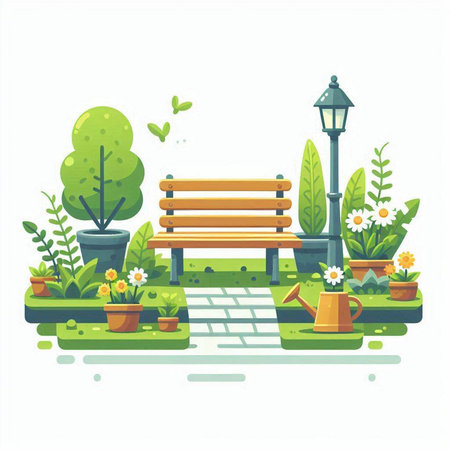 Vector illustration of a park bench in the garden with flowers and plantsのイラスト素材