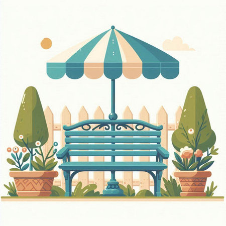 Vector illustration of a garden bench with umbrella and wooden fence. Flat style.のイラスト素材