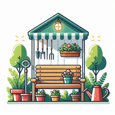Gardening concept with wooden bench, flowers and garden tools. Vector illustration.のイラスト素材