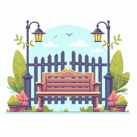 Wooden bench in the park. Vector illustration in flat style.のイラスト素材