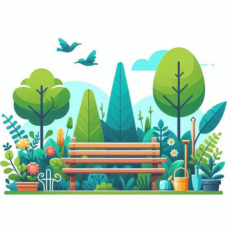 Vector illustration of a park with a bench, flowers, trees and plantsのイラスト素材