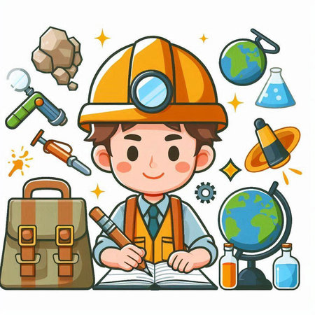 Illustration of a Kid Boy Wearing a Hard Hat Studying Around the Worldのイラスト素材