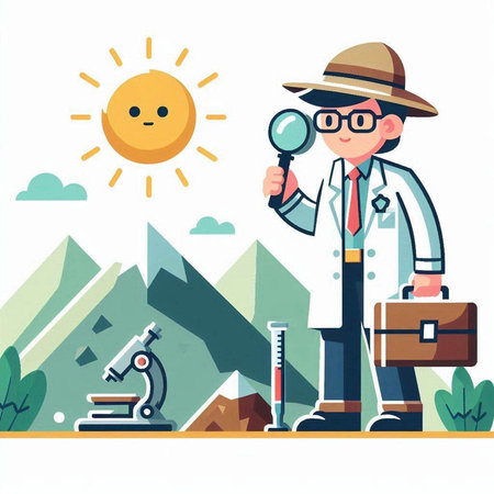 Scientist with a magnifying glass. Vector illustration in flat styleのイラスト素材