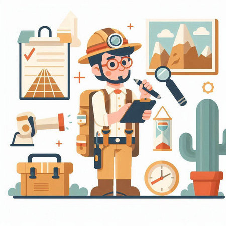Explorer with a magnifying glass. Vector illustration in flat styleのイラスト素材