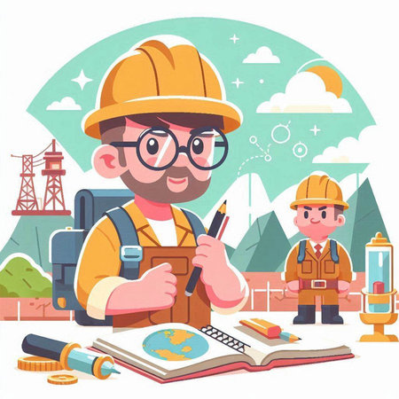 Architect working on construction site. Vector illustration in cartoon style.のイラスト素材