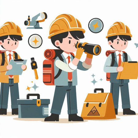 Worker with binoculars and safety equipment. Vector illustration.のイラスト素材