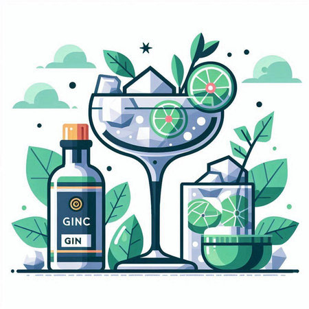 Cocktail with lime and ice cubes. Vector illustration in flat styleのイラスト素材