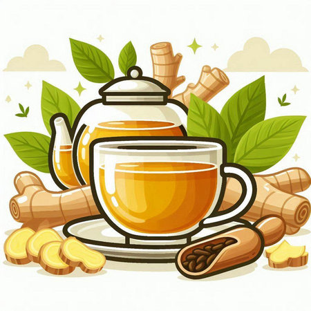Cup of tea with ginger and turmeric leaves. Vector illustration.のイラスト素材