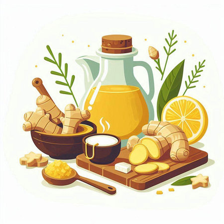 Ginger tea with lemon, honey and ginger root. Vector illustration.のイラスト素材