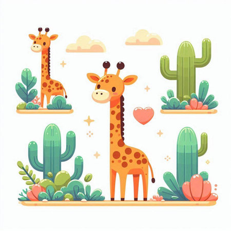 Cute cartoon giraffe and cacti. Vector illustration.のイラスト素材