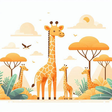 Giraffe and safari background. Vector illustration in flat styleのイラスト素材