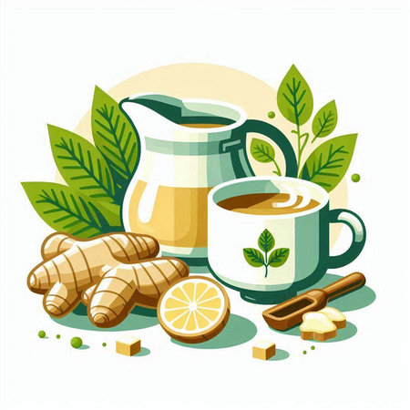 Ginger tea with lemon, honey and mint. Vector illustration.のイラスト素材