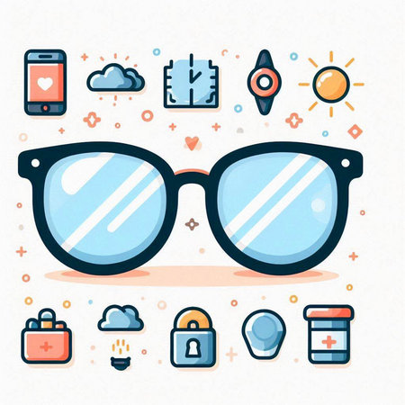 Sunglasses, eyeglasses, sun glasses, smart watch and other accessories. Vector illustration.のイラスト素材