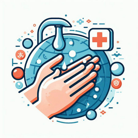 Coronavirus prevention concept. Washing hands with soap and water. Vector illustration.のイラスト素材