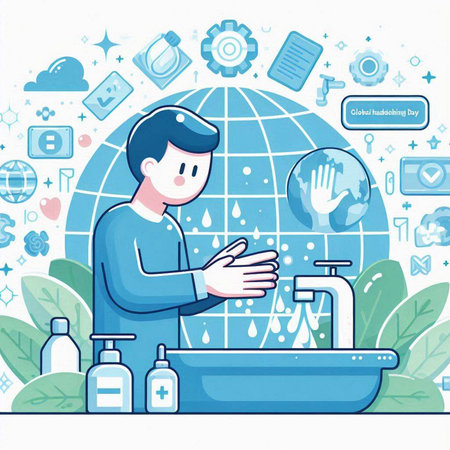 Coronavirus prevention. Man washing hands with soap and water. Vector illustrationのイラスト素材