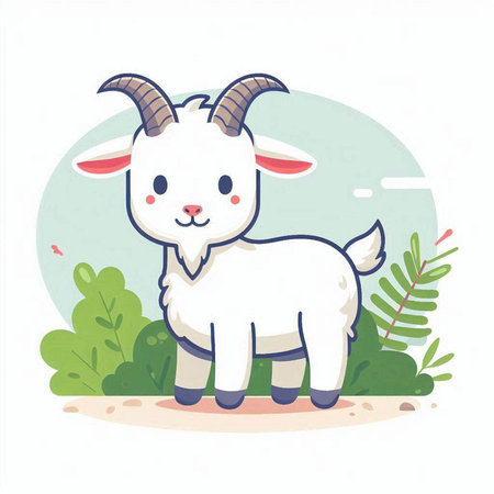 Cute cartoon goat standing on the grass. Vector illustration in flat style.のイラスト素材