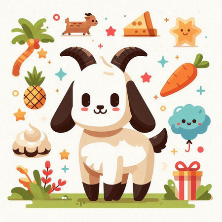 Cute cartoon goat with different food. Vector illustration in flat style.のイラスト素材