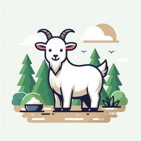 Vector illustration of a goat standing on the road in the forest.のイラスト素材