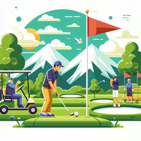 Golf course, golf club, ball and player, vector illustrationのイラスト素材