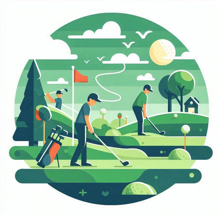 Gardening flat vector illustration. Landscape with lawn mower and people working on garden.のイラスト素材