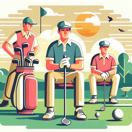 Golf players sitting on golf course. Vector illustration in flat styleのイラスト素材