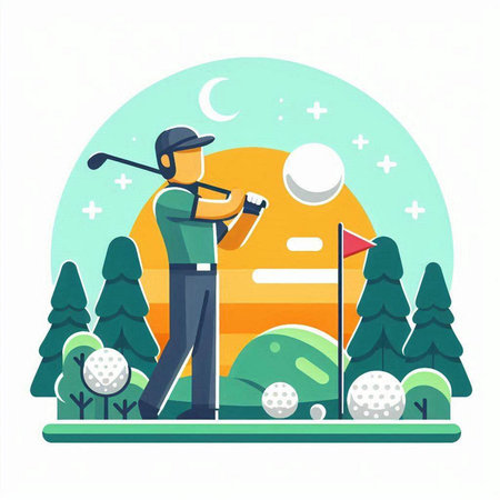Golf player on the golf course. Flat style vector illustration.のイラスト素材