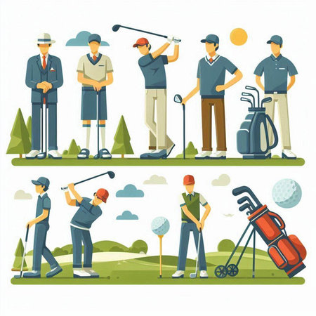 Golf players set in flat style. Golf club, player, player, golfer, player, golf club. Vector illustration.のイラスト素材