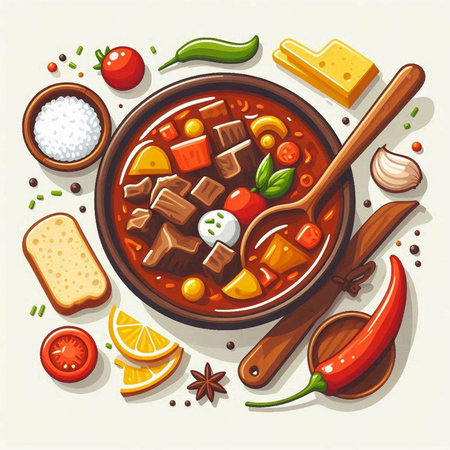 Beef stew with vegetables and spices in bowl. Vector illustration.のイラスト素材