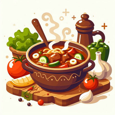 Goulash soup in a bowl with ingredients. Vector illustration.のイラスト素材