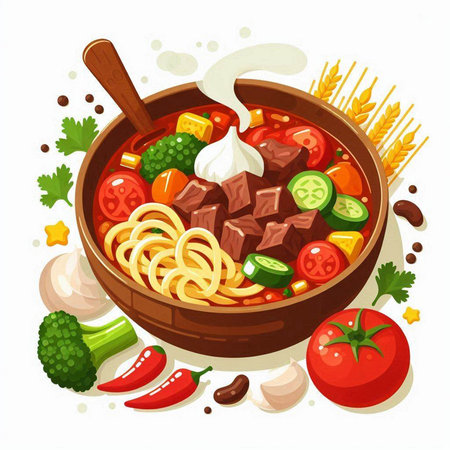 Spaghetti with meat and vegetables in a bowl. Vector illustration.のイラスト素材