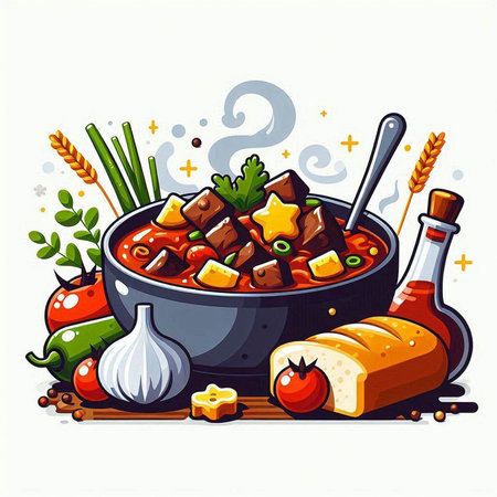 Illustration of a bowl of beef stew with vegetables and spices.のイラスト素材