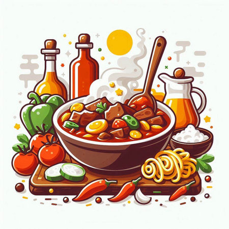 Beef stew with vegetables and spices in a bowl. Vector illustration.のイラスト素材